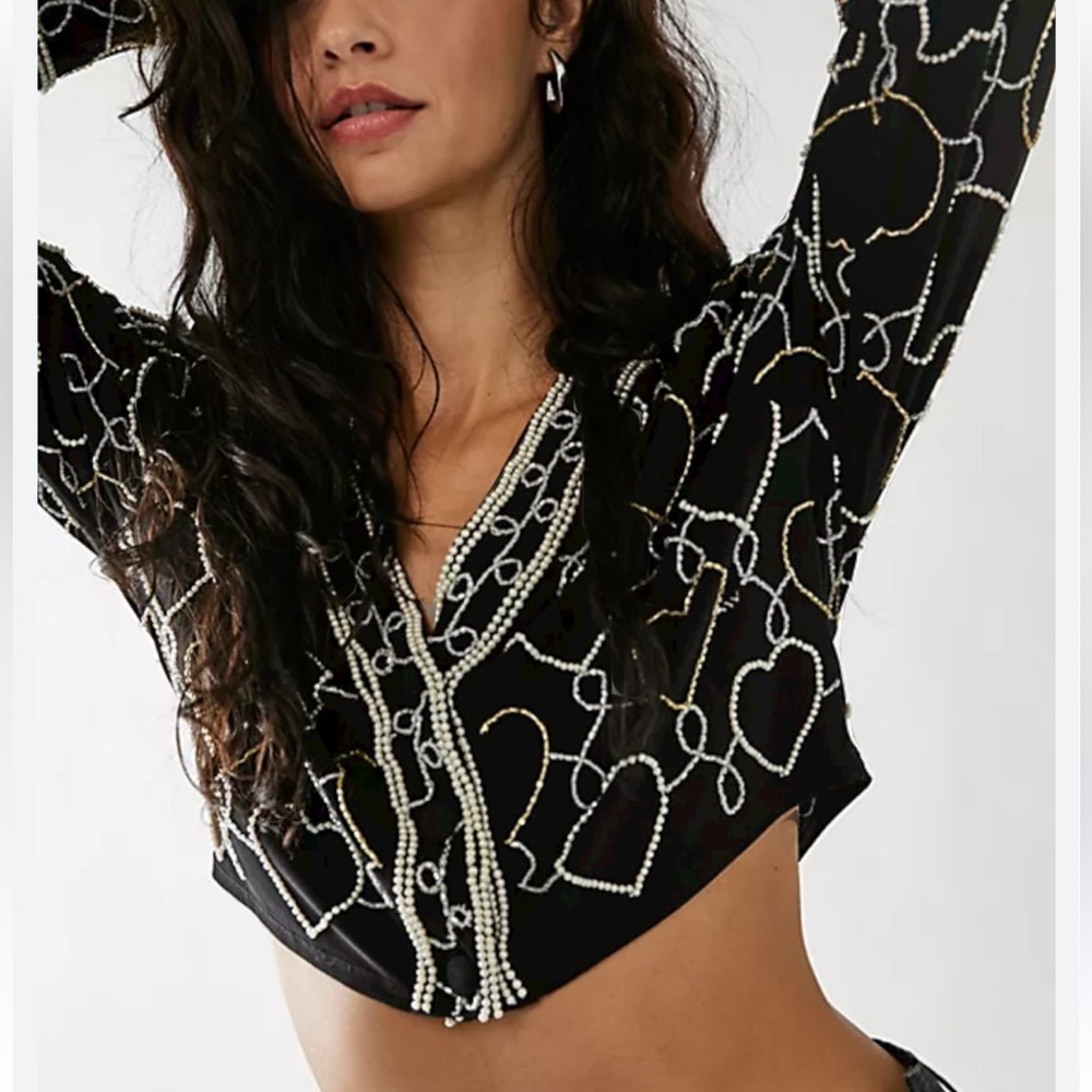 LoveShackFancy Norima Black Beaded Heart Crop Cardigan Jacket - Picture 3 of 16